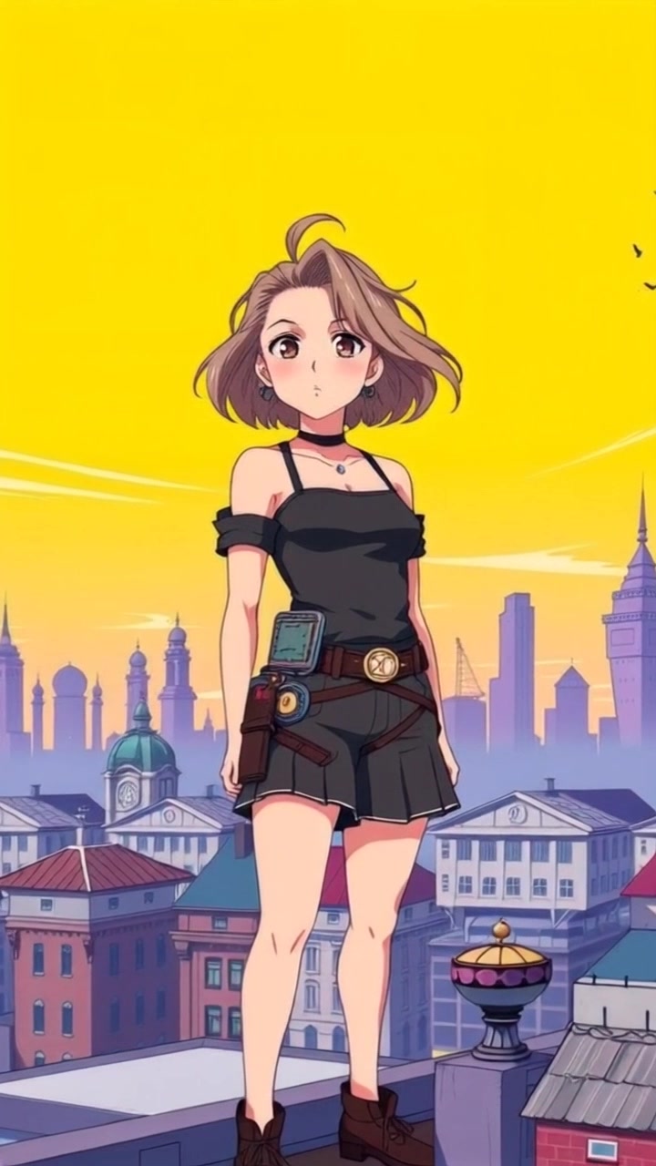 Subject (Tall and imposing, Wearing rebel attire with a distinctive red armband, Intense gaze, Standing with a straight posture) + Subject movement (Still) + Scene (City skyline at dusk, Rooftop setting) + Camera Language (Slow pan up from feet to face) + Lighting (City lights casting a warm glow, Dusk light) + Atmosphere (Determined and gritty)