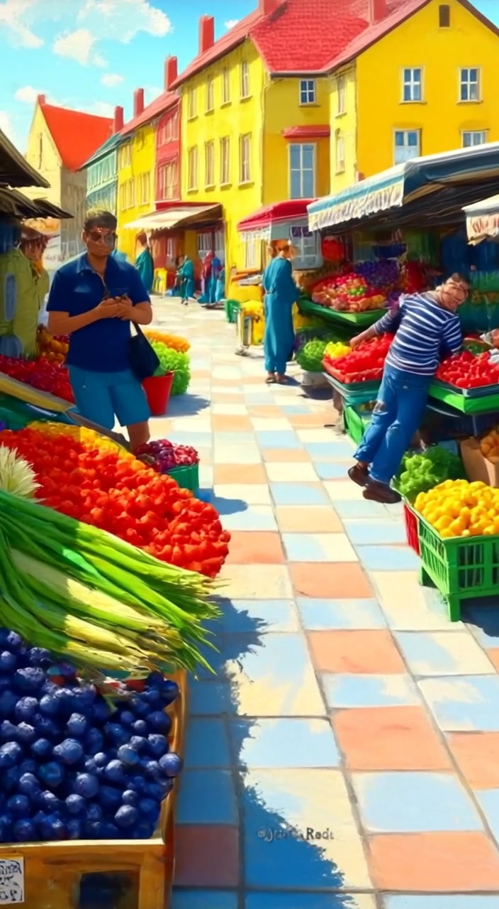 The boy examines colorful fruits at a bustling market while the vibrant stalls sway gently in the warm breeze.