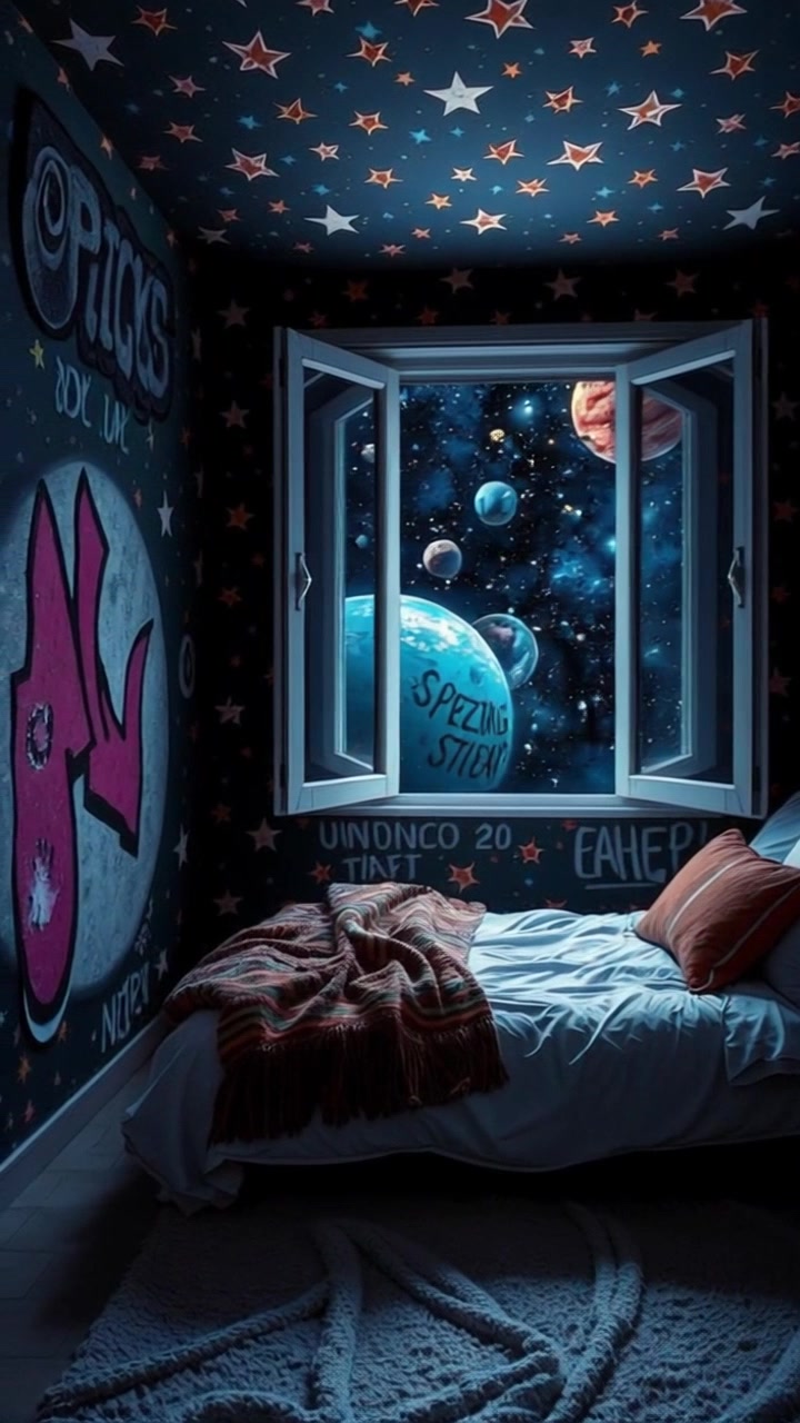 A bedroom with walls covered in stars and planets, evoking a galaxy feeling, with an open window showing a night sky.