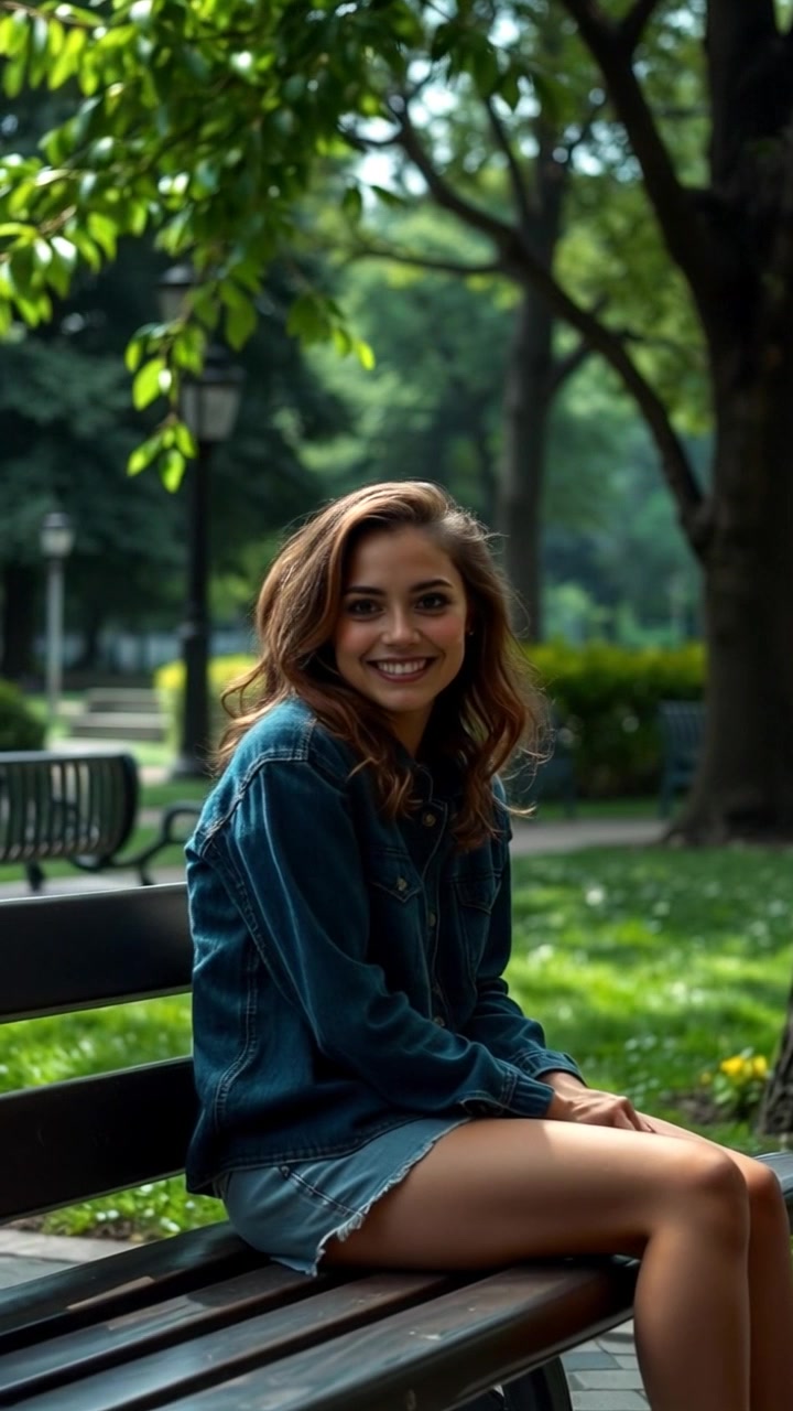 Subject: A woman sitting on a park bench, smiling. Scene: A lush green park with vibrant foliage surrounding her. Style: Bright, natural lighting illuminating the scene, creating a cheerful and inviting atmosphere. Motion: The camera slowly pushes in towards the woman, capturing her radiant smile and the striking contrast of her pitch black glowing eyes, while the gentle breeze rustles the leaves around her.