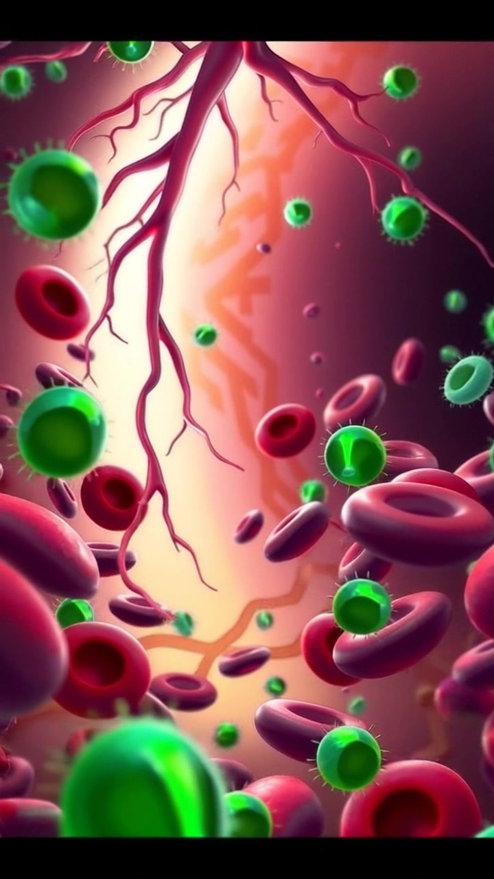 Scene: A tranquil interior of a human body with flowing blood, showcasing intricate cells and vessels in rich detail. Style: Soft ambient lighting creates a serene, almost ethereal atmosphere, illuminating the red blood cells and the delicate networks of vessels. Motion: The camera gently glides through this inner landscape, weaving between the cells and vessels as they flow elegantly, capturing the soothing rhythm of life within.