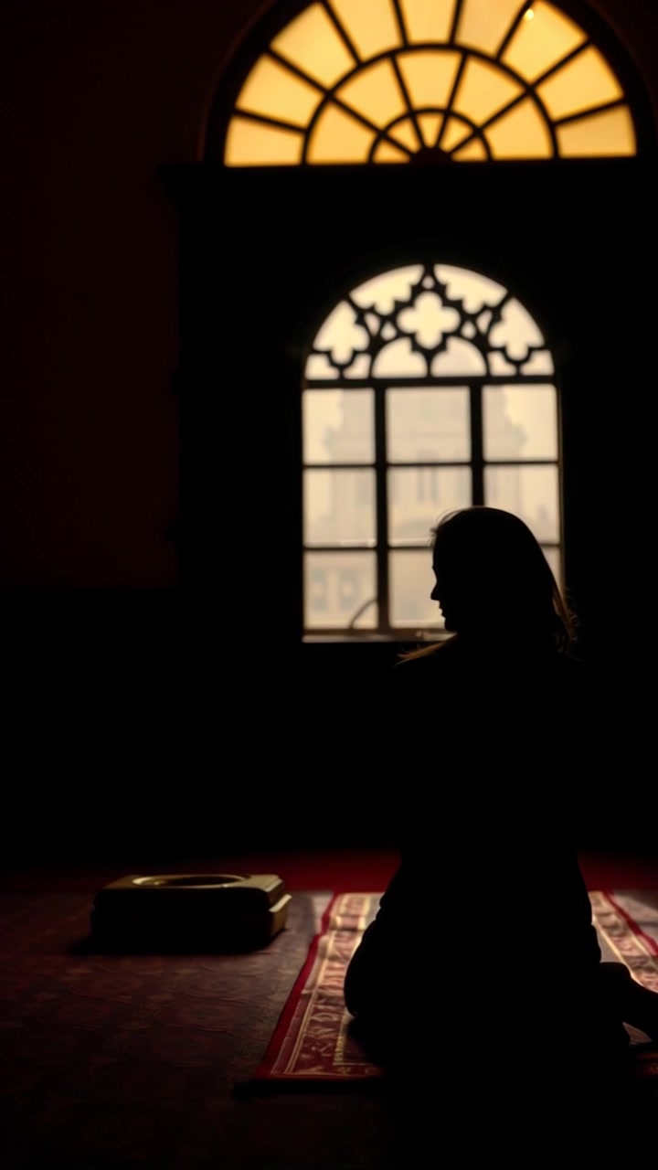 A person in traditional clothing walks calmly into a serene indoor prayer space with soft lighting, a prayer mat, and an empty spot for them to kneel. The camera slowly pans around to capture the peaceful ambiance and details. Soft ambient lighting enhances the tranquil atmosphere.