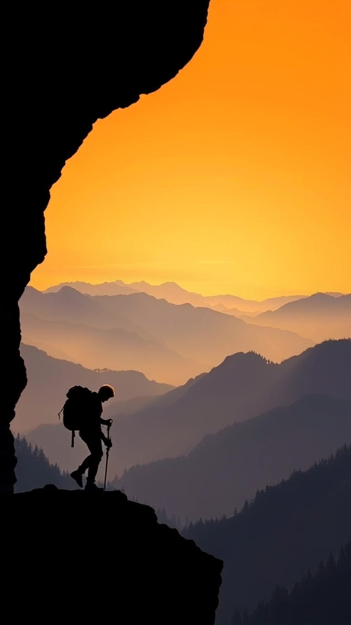 Subject (Panoramic view of mountains with a lone climber) + Subject movement (Slowly climbing up) + Scene (Capturing the vast mountain range) + Camera Language (Gradual crane shot up from the climber) + Lighting (Golden hour sunlight casting long shadows) + Atmosphere (Serene and awe-inspiring)
