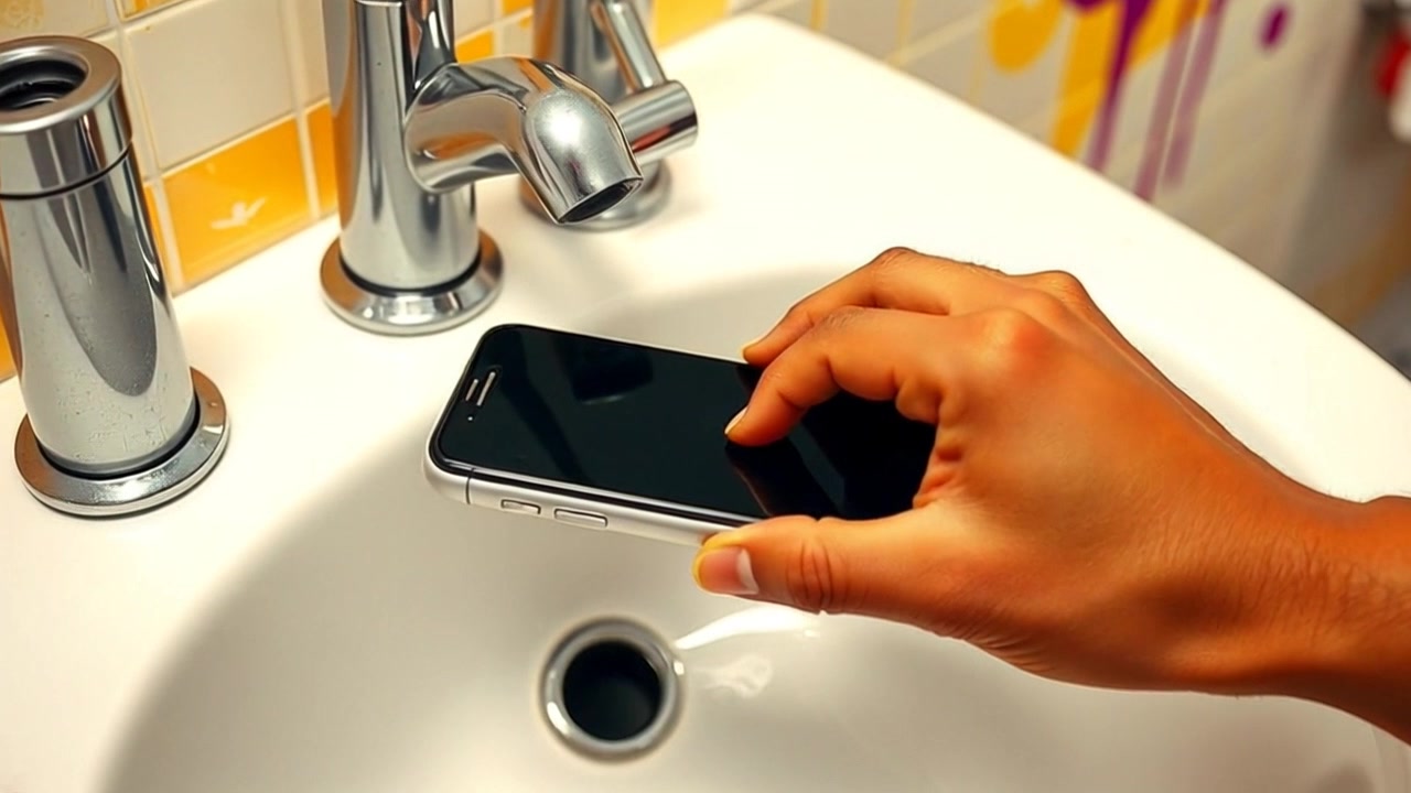 Scene: A close-up of a smartphone resting on a bathroom sink, hands gripping it tightly as if in a moment of intensity. Style: Ambient bathroom lighting, creating a subtle reflection on the glossy surface of the phone. Motion: The camera slowly zooms in on the smartphone, emphasizing the tension in the hands, while capturing the details of the bathroom ambiance.