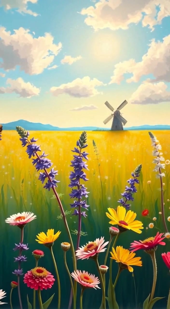 Wildflowers sway gently in the breeze as a windmill turns slowly in the sunlit landscape.