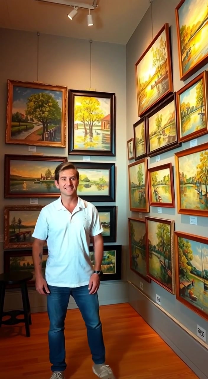 The camera gently pans across the gallery, showcasing each painting in detail as the soft light illuminates the frames.