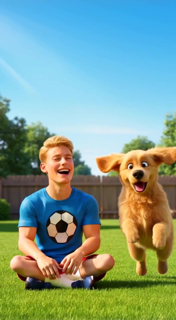 3D Cartoon Child and Dog in the Backyard