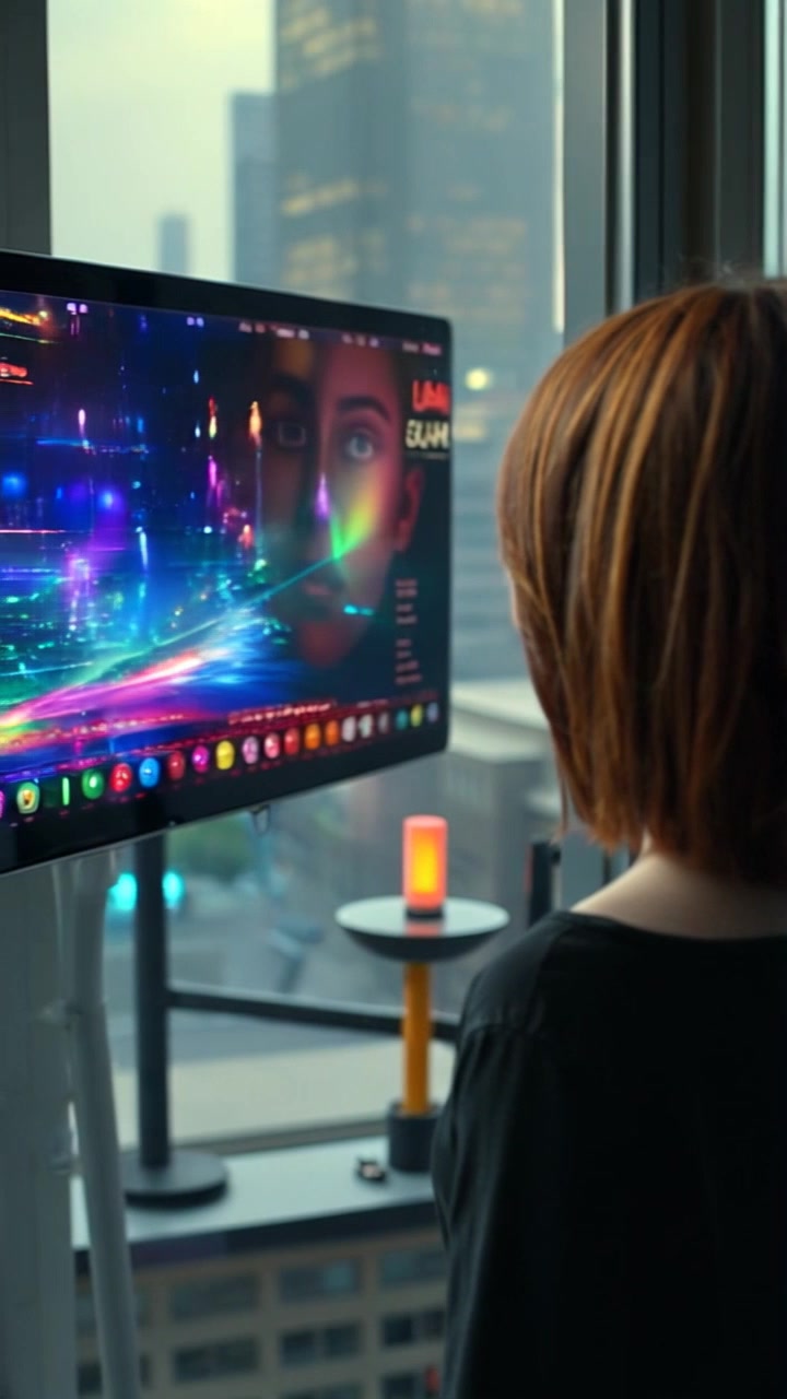 Subject: A young girl gazing intently out of a window. Subject movement: Lina's head slightly tilts as she observes the vibrant digital landscape. Scene: Inside a futuristic room, vibrant holograms illuminating the outdoor view, merging colors and shapes in a mesmerizing array. Lighting: Soft ambient light with colorful reflections from the holograms casting playful patterns across her face. Motion: Camera slowly pans from a close-up of Lina's expression to reveal the expansive digital landscape outside the window, capturing the full spectrum of colors.