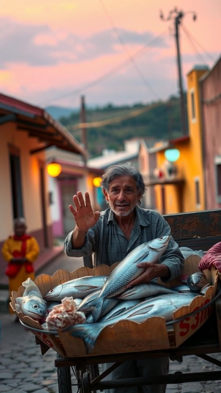 Subject: An old man selling fish from a wooden cart. Subject movement: The man gestures invitingly towards passing villagers, as he arranges fish on the cart. Scene: A quaint village street lined with simple houses, featuring curious villagers milling about. Style: Soft, warm morning light illuminating the scene, creating an inviting atmosphere. Motion: The camera moves through the bustling street, panning slowly to capture the interactions and expressions of the villagers as they engage with the vendor.