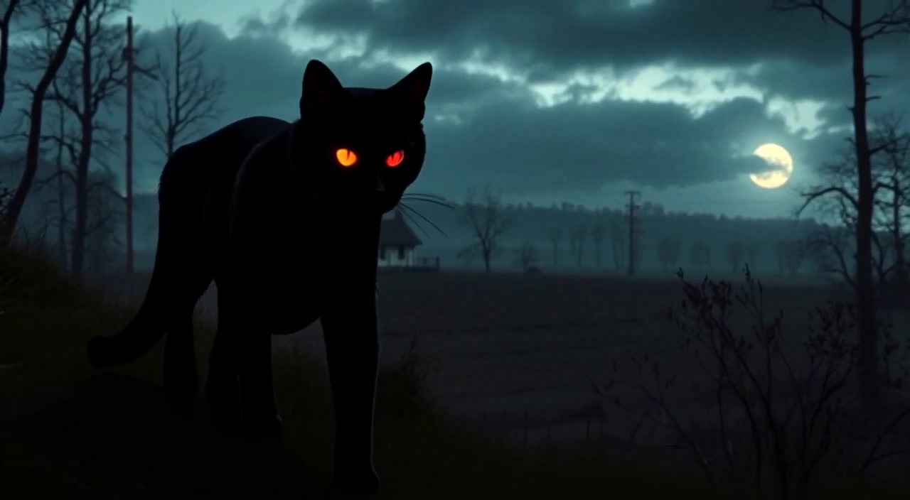 The silhouette of a black cat with glowing red eyes walking through a dark forest.