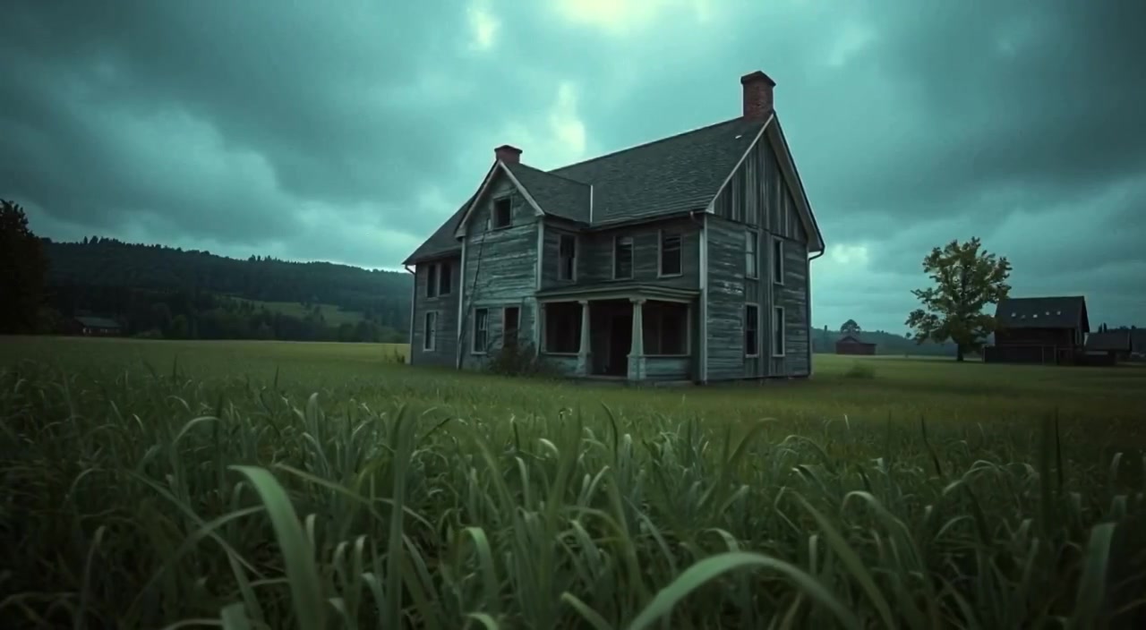 An old, dilapidated house at the edge of a small village, surrounded by tall grass.
