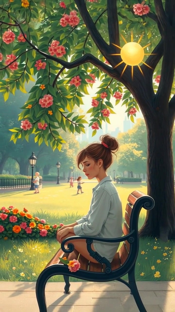 Lily sitting on a park bench under a tree, looking down with a sad expression, surrounded by flowers.