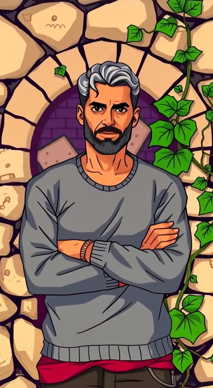 The man stands resolutely against the stone wall, gentle breeze swaying the vines around him.
